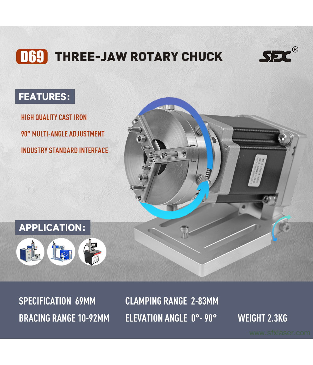 SFX D69 D80 D100 D125 Three-Jaw Rotary Chuck Rotary Axis for Fiber Laser Marking Machine SFX D69 D80 D100 D125 Three-Jaw Rotary Chuck Rotary Axis for Fiber Laser Marking Machine